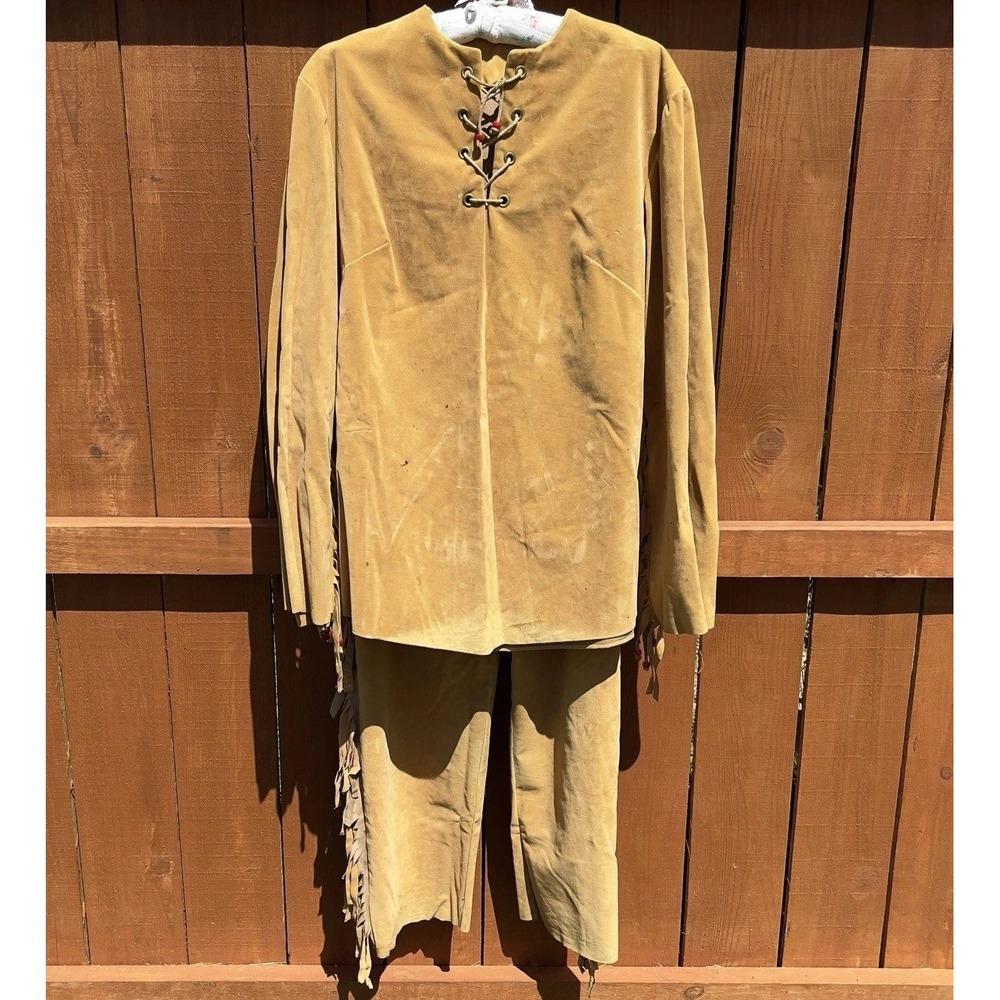 Vintage Handmade Native American-Inspired Faux Suede Outfit Set Fringed & Beads